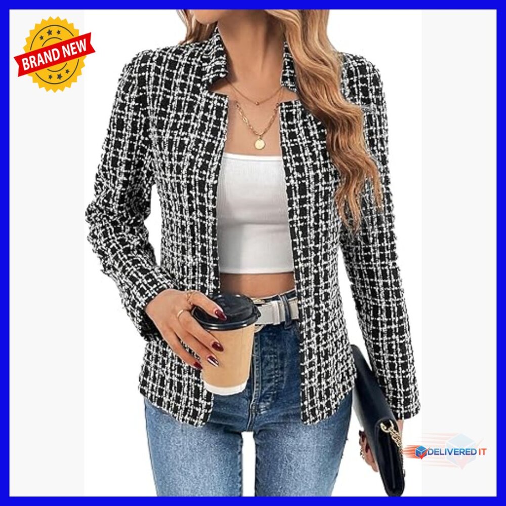 Lightweight Tweed Blazer Slim Fit Office Casual Jacket Long Sleeve